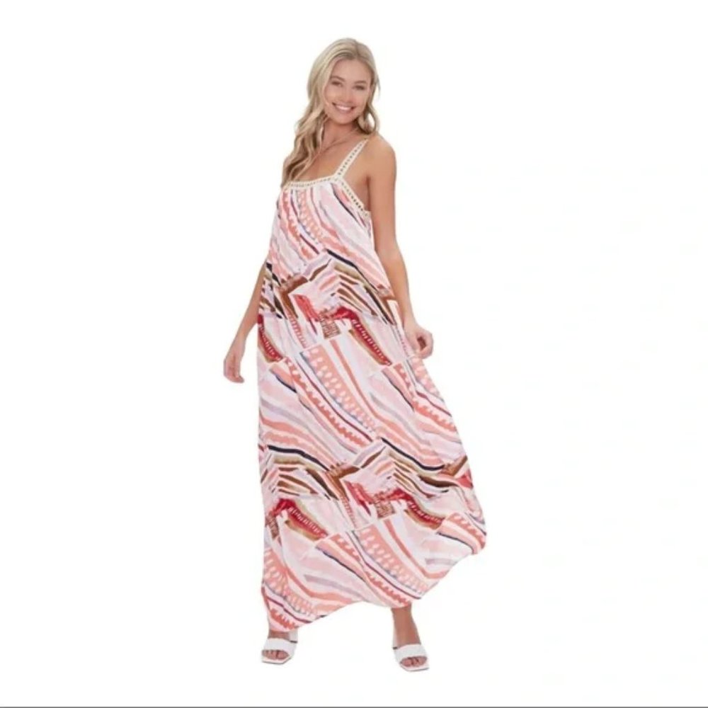 NWT FOREVER 21 Crinkled Striped Crochet-Trim Dress